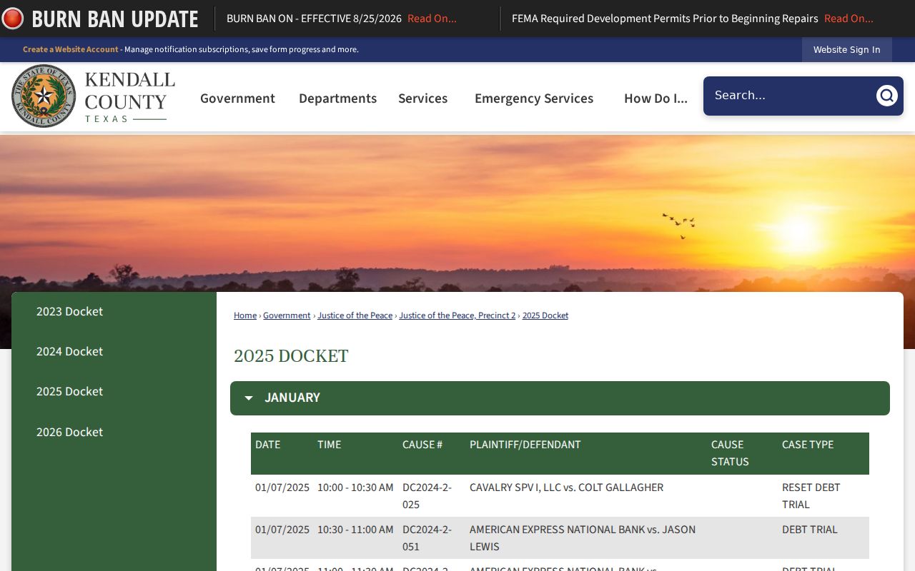 Kendall County JP2 prior-year civil docket archive
