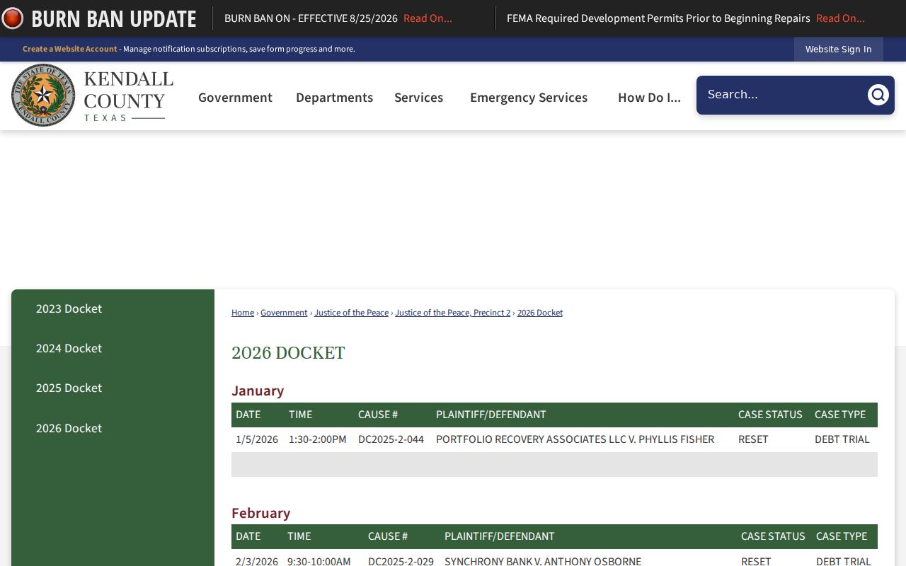 Kendall County court date fields in the redacted JP2 docket