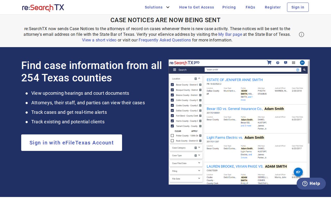 Kendall County case lookup on the re SearchTX landing screen